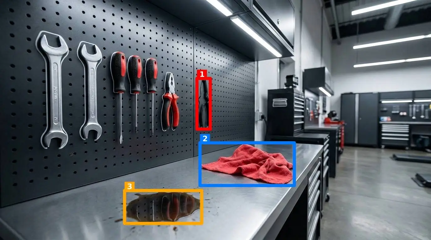 Real SnapAudit inspection result: missing tool, rag, and oil stain highlighted with bounding boxes